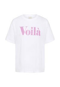 T-shirt en coton blanc à manches courtes et encolure ronde, avec "Voilà" imprimé en grandes lettres roses sur le devant.
