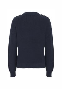 Dark navy knit sweater with a ribbed texture, round neckline, and wide sleeves. Features a cropped fit and ribbed hem and cuffs.