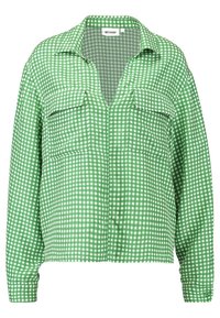 Chemise verte à carreaux avec manchons longs, deux poches poitrine, un col et une coupe décontractée. Fabriquée en tissu léger.