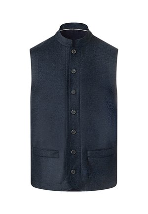 Dunkel marineblaue ärmellose Weste mit hohem Kragen, Knopfleiste vorne und zwei seitlichen Taschen, dargestellt auf weißem Hintergrund.