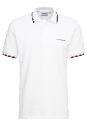 White polo shirt made of cotton, featuring a collar with red and navy stripes, short sleeves, and a small black logo on the chest.