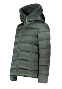 Giubbotto puffer verde con cappuccio, design trapuntato, foderato in morbido pelliccia, chiusura frontale con zip e tasche laterali. Caratterizzato da un logo in rilievo sulla manica.
