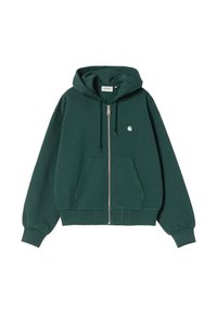 Sweat à zip vert en mélange de coton. Dispose d'une poche kangourou, d'une capuche avec cordon de serrage, de poignets côtelés et d'un petit logo blanc sur la poitrine.