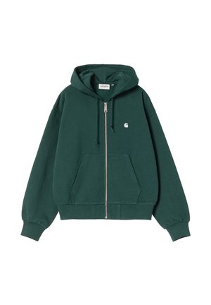 Felpa verde con zip realizzata in misto cotone. Presenta una tasca a marsupio, cappuccio con cordino, polsini a costine e un piccolo logo bianco sul petto.
