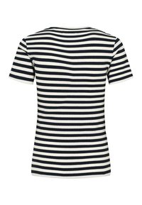 Lyhythihainen, pyöreäkauluksinen yläosa, jossa on resiinipehmustettu rakenne ja vuorottelevat tummansinivalkoiset vaakaraitakuviot.