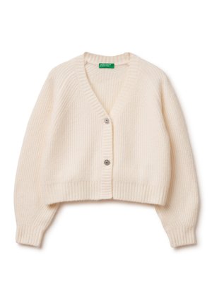 Cremefarbener, gerippter Strickcardigan mit V-Ausschnitt, langen Ärmeln, zwei dekorativen silbernen Knöpfen und einem kurzen Schnitt.