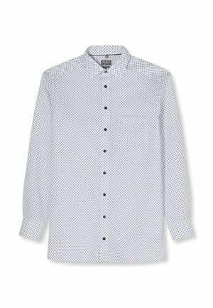 Weißes langärmeliges Hemd mit kleinen schwarzen Diamantmustern, weiter Kragen und schwarzen Knöpfen auf der Vorderseite.
