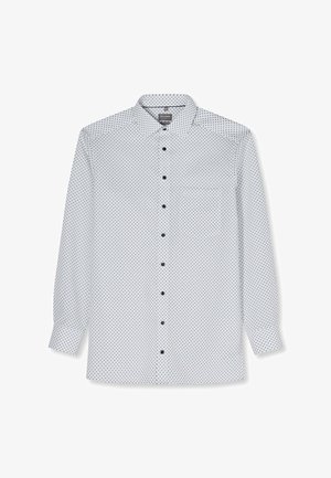 Weißes langärmeliges Hemd mit kleinen schwarzen Diamantmustern, weiter Kragen und schwarzen Knöpfen auf der Vorderseite.