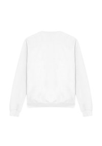 Plain white sweatshirt viewed from the back, featuring a round neck and fitted cuffs. No logos or designs present.