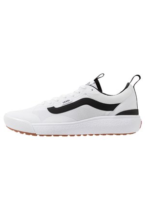 White athletic shoe with a black side stripe, mesh upper, textured sole, and a thick white midsole. Features black and red accents.
