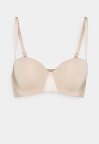 Beige padded bra with smooth fabric, featuring a triangular center detail. Adjustable straps and a subtle sheen finish.