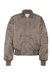 Brown satin bomber jacket with a ribbed collar and cuffs, zippered sleeve pocket, and gathered waist. Smooth texture and oversized fit.