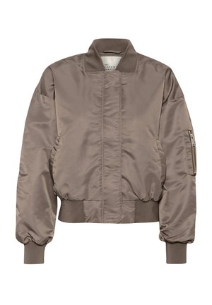 Brown satin bomber jacket with a ribbed collar and cuffs, zippered sleeve pocket, and gathered waist. Smooth texture and oversized fit.
