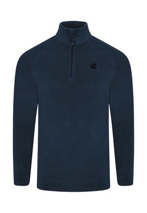 Sudadera de forro polar azul marino de manga larga con cremallera hasta el pecho y cuello alto, con un pequeño logo negro en el pecho izquierdo.