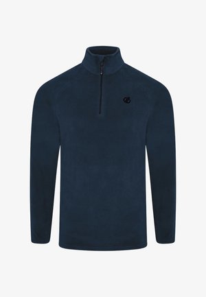 Sudadera de forro polar azul marino de manga larga con cremallera hasta el pecho y cuello alto, con un pequeño logo negro en el pecho izquierdo.