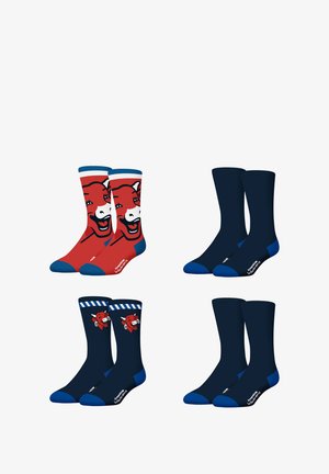 Quatre paires de chaussettes : deux avec un motif de vache rouge et des accents bleus, deux unies marine avec des orteils bleus. Tissu en mélange de coton, style crew.