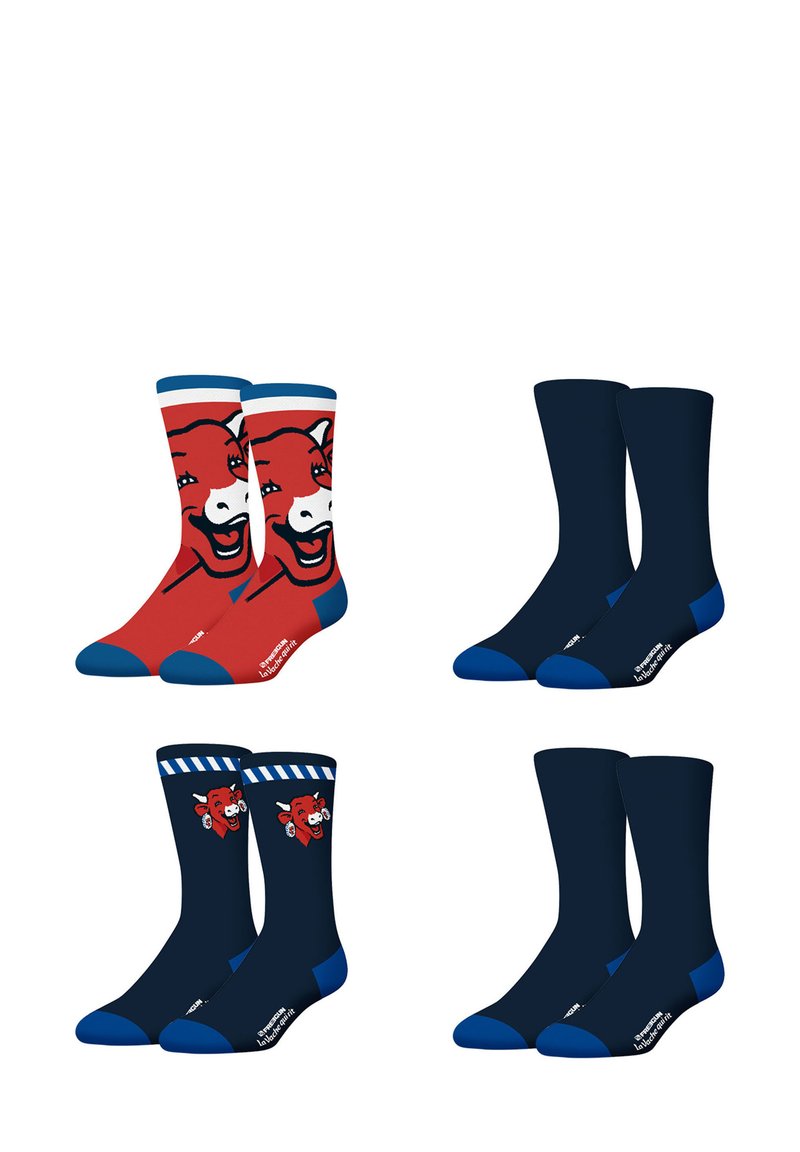 Quatre paires de chaussettes : deux avec un motif de vache rouge et des accents bleus, deux unies marine avec des orteils bleus. Tissu en mélange de coton, style crew.