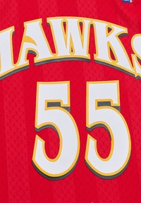 Red mesh basketball jersey featuring "HAWKS" in yellow with a gray outline above the number "55" in white, outlined in yellow.