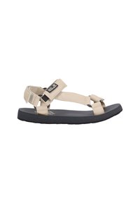 Beige open-toe sandal with adjustable straps and black sole, designed for outdoor or casual wear.