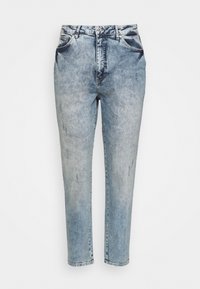 Light blue denim jeans with a high waist, tapered leg, and slight distressed detailing; features five pockets and a front button closure.