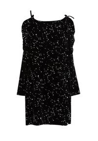 Sort fløjlskjole med lange ærmer, prydet med sølvstjerne- og konstellationsmønster, firkantet halsudskæring og justerbare stropper.