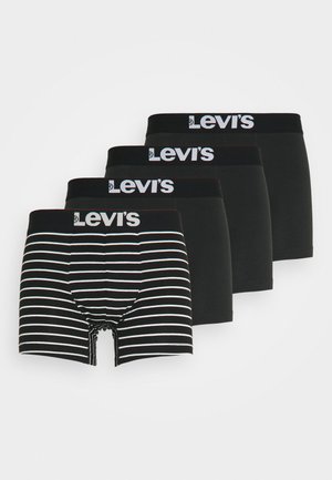 Patru perechi de boxeri Levi's pentru bărbați: trei negri uni și unul cu dungi orizontale negre și albe, având un tiv elastic cu logo.