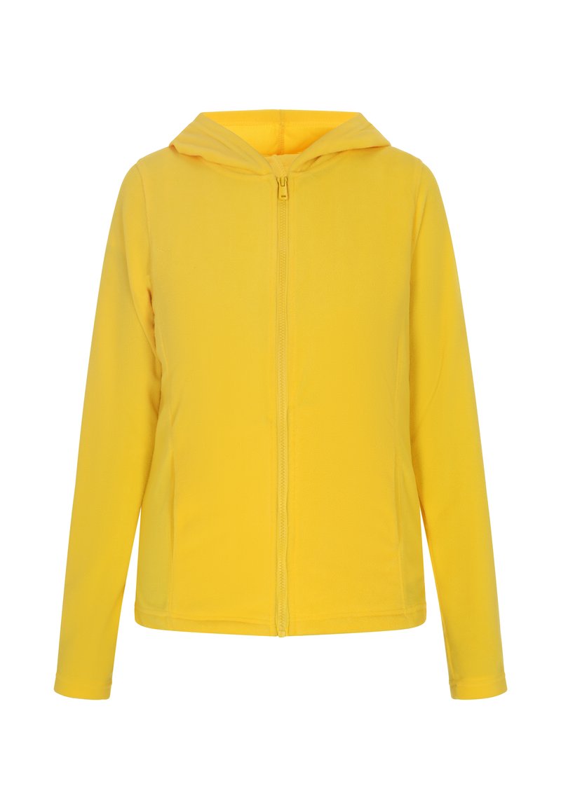 Felpa gialla con zip, dal texture morbido e liscio, con cappuccio e maniche lunghe. Design semplice senza motivi o accenti visibili.