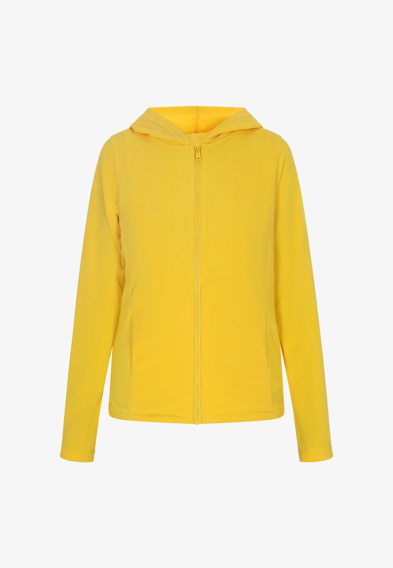Felpa gialla con zip, dal texture morbido e liscio, con cappuccio e maniche lunghe. Design semplice senza motivi o accenti visibili.
