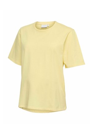 T-shirt en coton jaune clair à manches courtes, col rond et coupe légèrement ample, présenté sur un fond blanc.