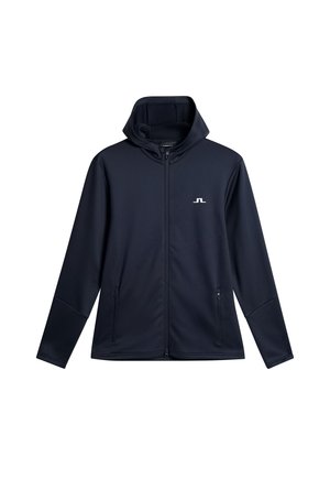 Hooded jacket in navy blue, made of sleek, smooth fabric. Features a full zip front and two side pockets. Subtle logo on chest.