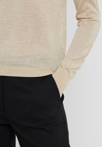 Maglione a maglia metallizzata beige con maniche lunghe, polsini e orlo a coste, abbinato a pantaloni neri in tessuto, evidenziando il contrasto di texture.