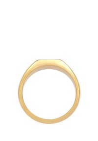 Guld ring med en glat, buet overflade og flad top. Har en poleret finish og et enkelt, moderne design.