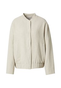 Hellbeige Bomberjacke aus strukturiertem Stoff, mit rundem Kragen, zentralen Druckknöpfen und seitlichen Taschen. Legere Passform mit elastischen Bündchen.