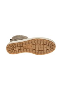 Gummisål i beige med et mønstret slidbane design. Overdelen er lavet af blødt materiale i en dæmpet tone med en tekstureret finish.