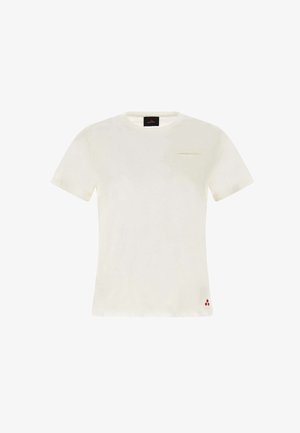 T-shirt blanc à manches courtes avec col rond, petite fente de poche poitrine et trois petits points rouges près de l'ourlet inférieur du côté droit.