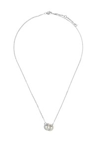 Srebrny naszyjnik z łańcuszkiem, zawierający dwa splecione pierścienie; jeden jest z polerowanego metalu, a drugi ma matowe wykończenie z pojedynczym rzędem przejrzystych kamieni.