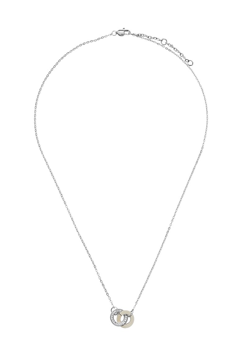 Srebrny naszyjnik z łańcuszkiem, zawierający dwa splecione pierścienie; jeden jest z polerowanego metalu, a drugi ma matowe wykończenie z pojedynczym rzędem przejrzystych kamieni.