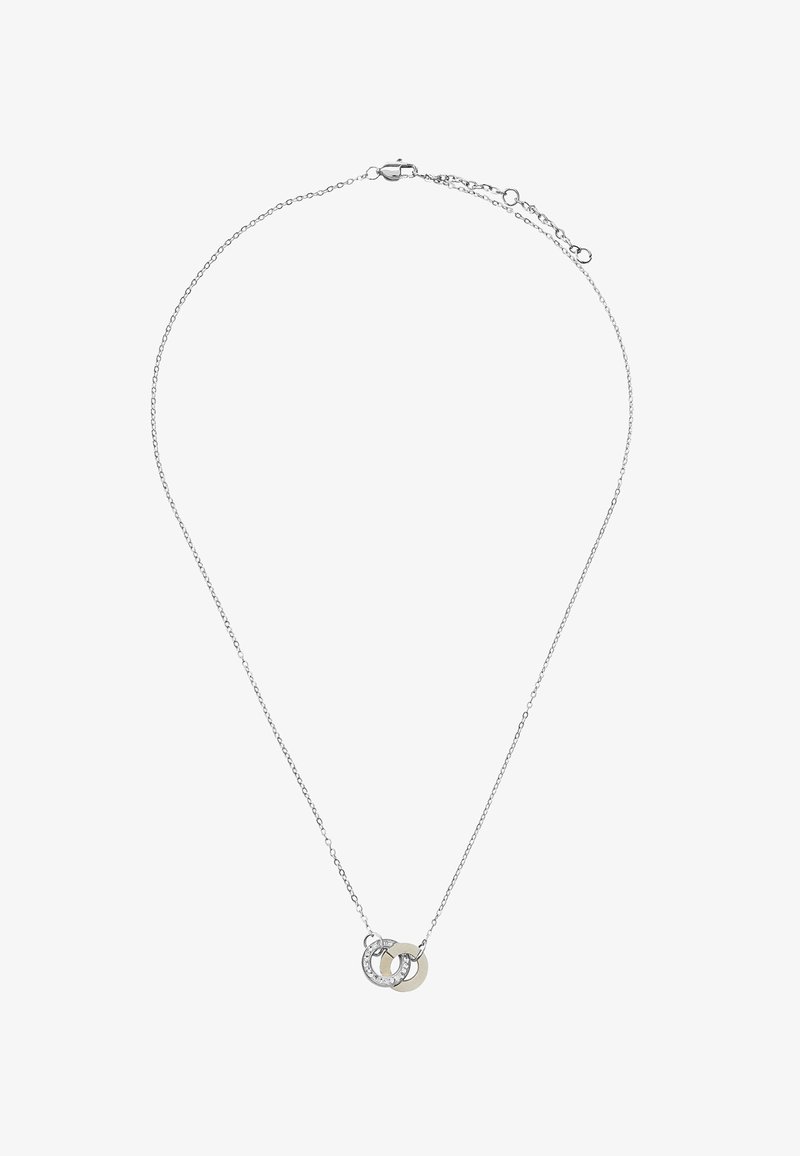 Srebrny naszyjnik z łańcuszkiem, zawierający dwa splecione pierścienie; jeden jest z polerowanego metalu, a drugi ma matowe wykończenie z pojedynczym rzędem przejrzystych kamieni.