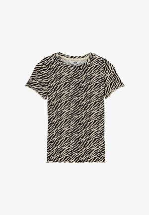 Zwart-wit zebra gestreept T-shirt met korte mouwen, een ronde hals, een zachte textuur en een gegolfde zoom.
