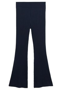 Tmavě modré žebrované pletené kalhoty s vysokým pasem a rozšířenými nohavicemi, navržené pro každodenní nošení.