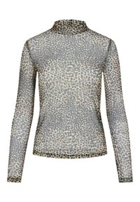 Pitkähihainen verkkotoppi, jossa on harmaa ja beige leopardikuosi, ja se on muotoiltu kapea design ja sileä pinta.