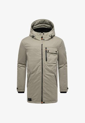 Giacca isolante grigia chiara con cappuccio, chiusura frontale con zip, due tasche laterali e una tasca sul petto con zip. Tessuto testurizzato.