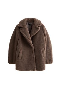 Brun teddyjacka med texturerad yta, breda slag och sidfickor. Oversized passform och enkel design som framhäver det mjuka, plyschiga materialet.