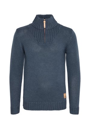 Suéter de punto en azul oscuro, con un cuello de media cremallera, puños y dobladillo acanalados, con un patrón texturizado y un pequeño parche de logo de cuero.