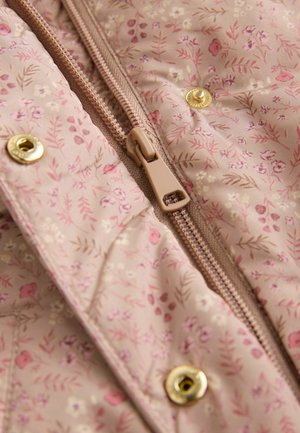 Padded jacket featuring a light pink fabric with floral patterns, a central zipper in a tan hue, and gold snap buttons for closure.