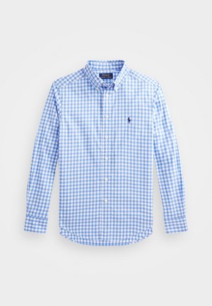 Camisa de manga longa azul-claro e branca com padrão xadrez, em tecido de algodão, colarinho abotoado, logotipo bordado no lado esquerdo do peito, bainha arredondada.