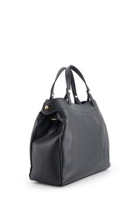 Sac à main en cuir noir avec une finition texturée, de forme arrondie, deux poignées et des détails en métal doré. Côtés lisses et sans logos visibles.