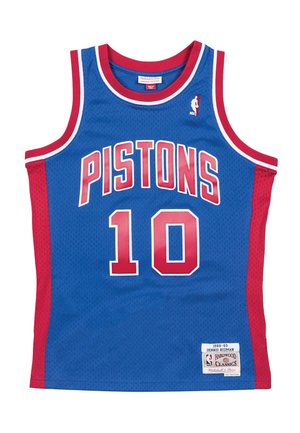 Camiseta de baloncesto de los Detroit Pistons en azul y rojo con el número 10 y el logo de la NBA, etiquetada como "1988-89 Dennis Rodman Hardwood Classics."