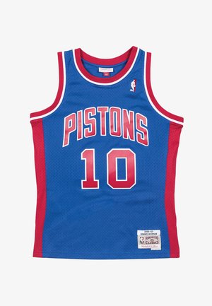 Blaues und rotes Basketball-Trikot der Detroit Pistons mit der Nummer 10 und dem NBA-Logo, beschriftet mit "1988-89 Dennis Rodman Hardwood Classics".