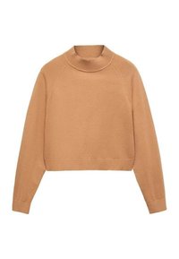 Beiger Strickpullover mit hohem Kragen, langen Raglanärmeln und kürzerem Saum. Glatte Textur mit gerippten Bündchen und Kragen.